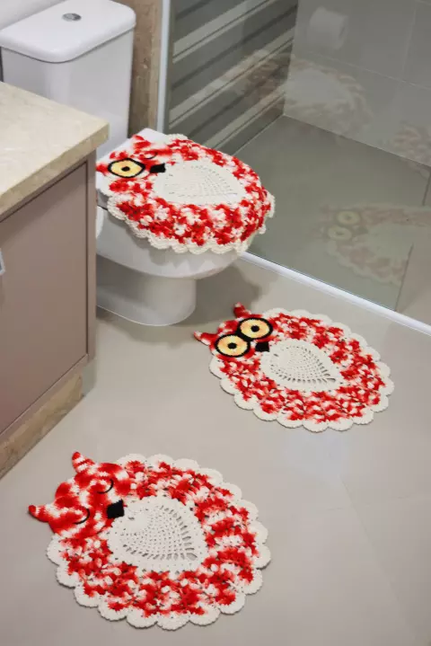 Jogo de Banheiro Corujas Cru com Multicolor Rosa Escuro