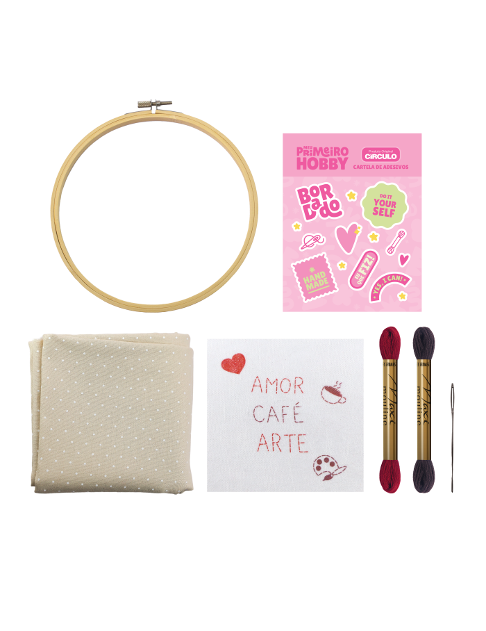 Kit Bordado Meu Primeiro Hobby: Amor, Café e Arte