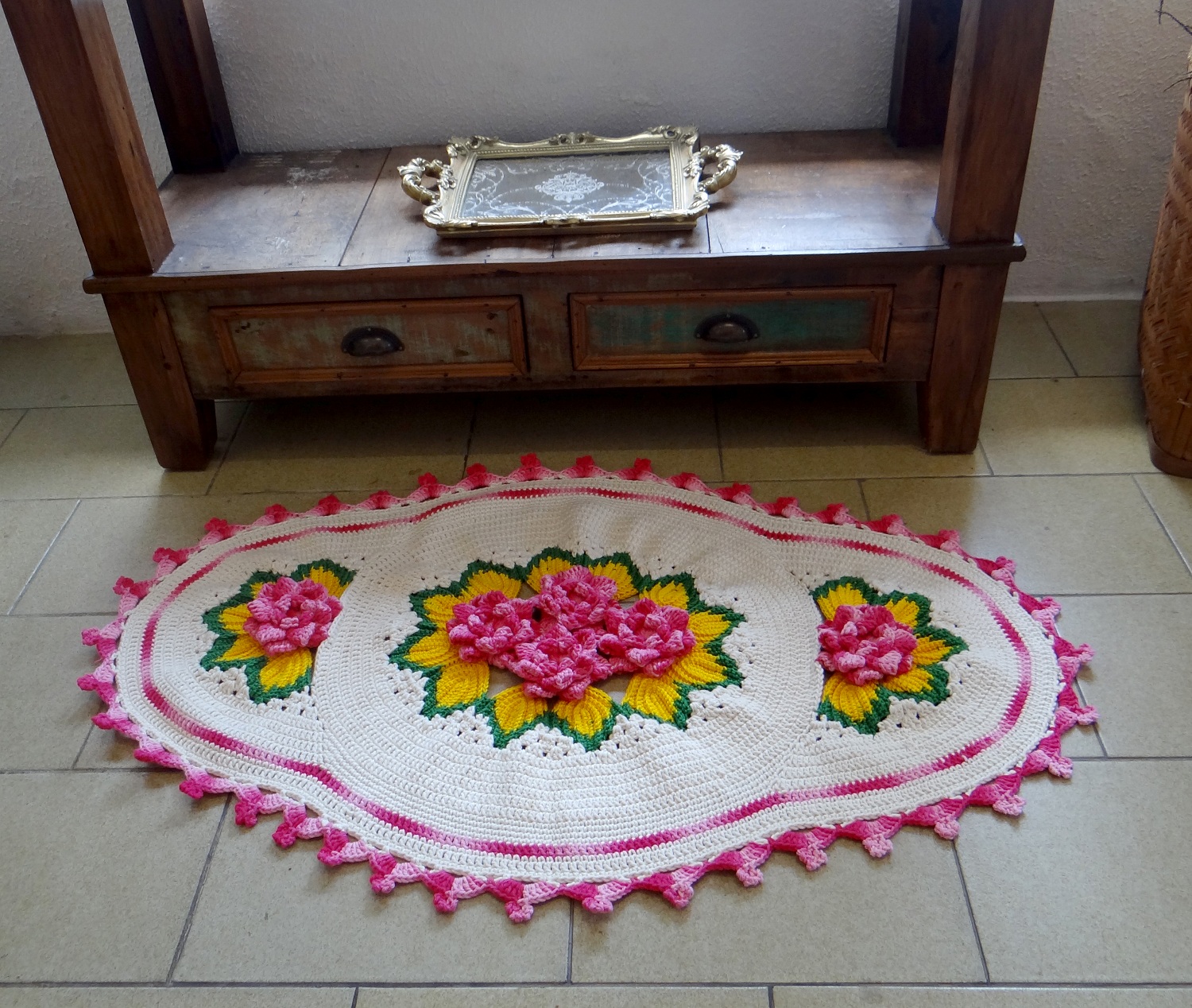Tapete Flores Rosa e Amarelo